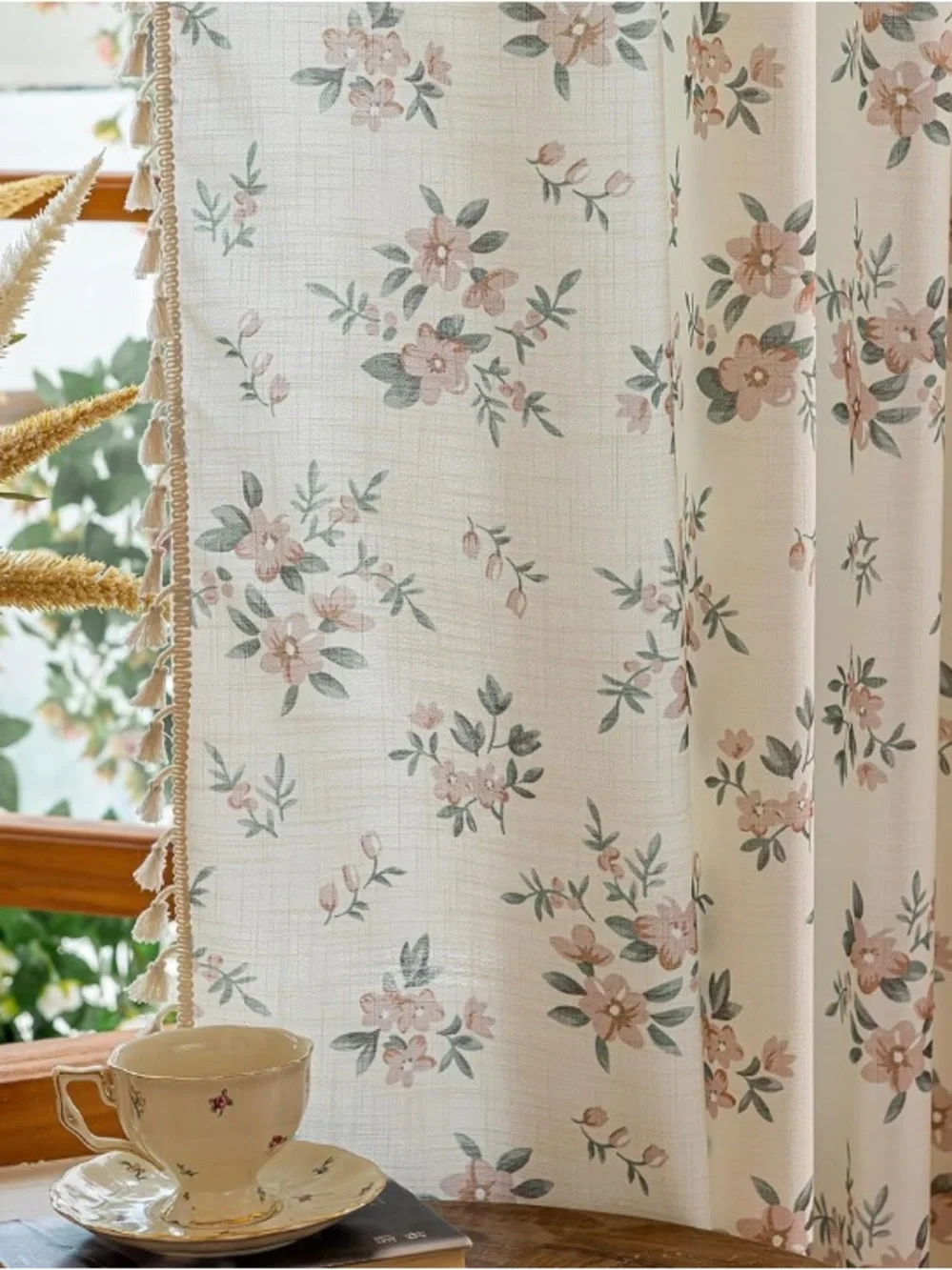 Floral Sheer Window Curtain Drapes in Cream Floral Rose- Home Accents 52W